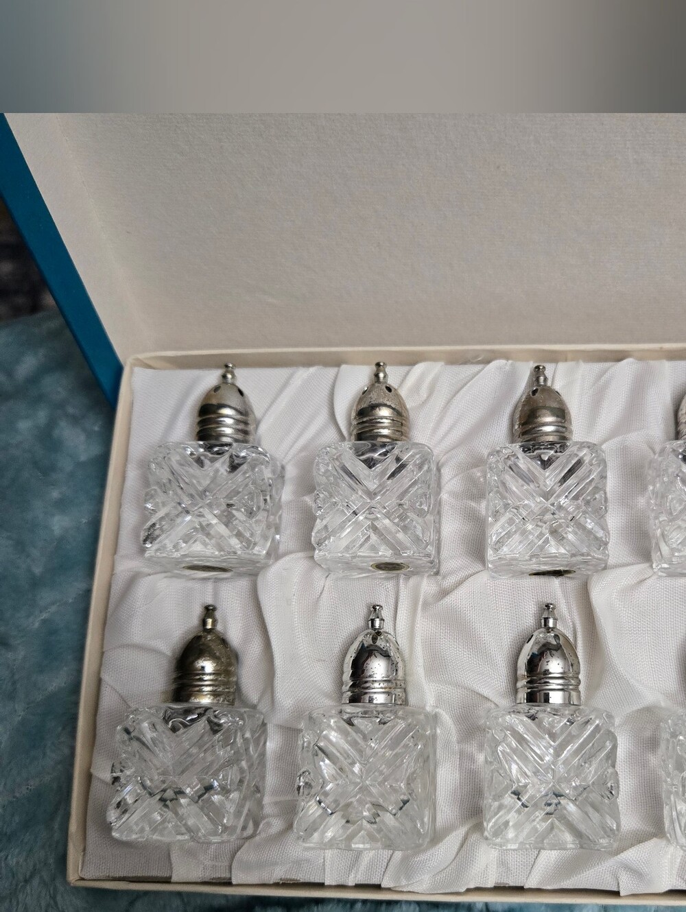 Vintage Mid-Century Mini Cut Crystal Salt & Pepper Shakers - Boxed Set of 8